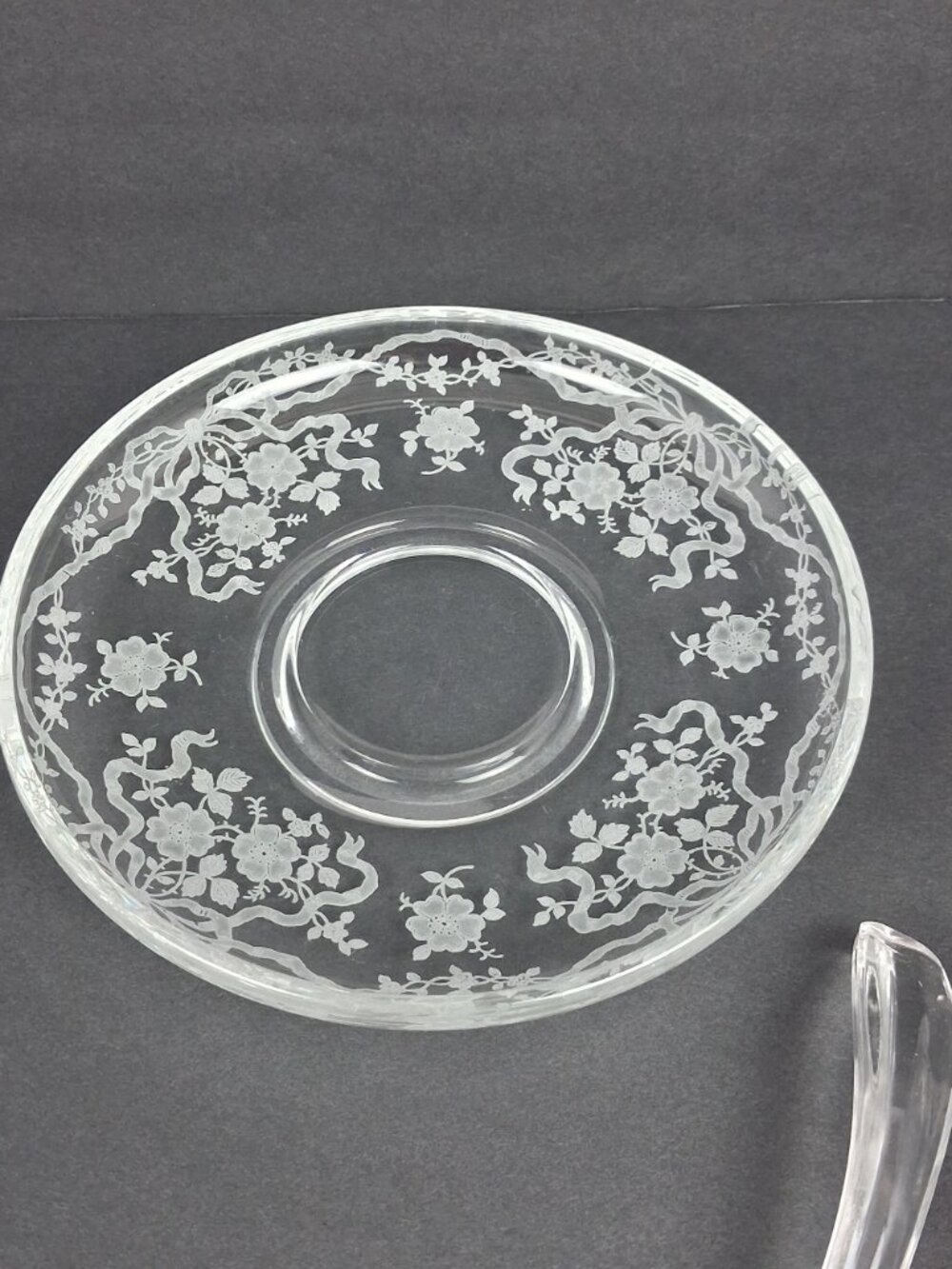 VTG 1940's Fostoria Romance Etched Crystal Mayonnaise Set Florals & Ribbons - Picture 12 of 12